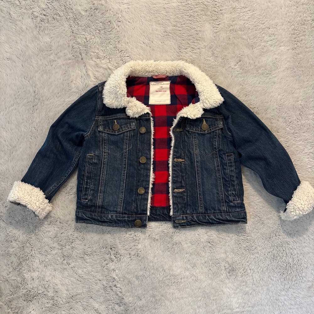 Hanna Andersson Kids Denim Jacket Sherpa Collar Plaid Lined Blue Size 120